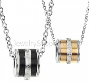 Titanium Rose Gold and Black Cylinder Lovers Pendants with Rhinestones and Free Chains 207