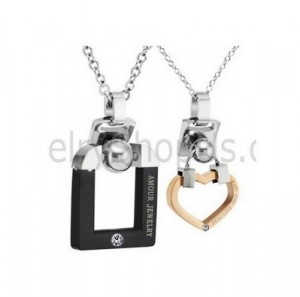 Titanium Black and Rose Gold Lovers Pendants with Rhinestones and Free Chains C507