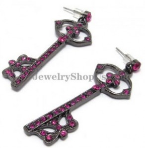 Fashion Key Shape Alloy Earrings with Pink Rhinestones