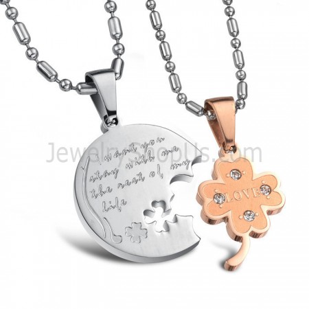 Titanium Silver and Rose Gold Flower Lovers Pendants with Rhinestones and Free Chains C599