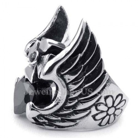 Titanium Cross Feather Ring with Black Zircon