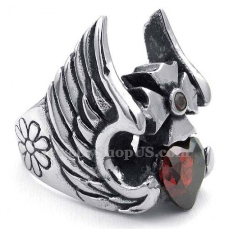 Titanium Cross Feather Ring with Red Zircon