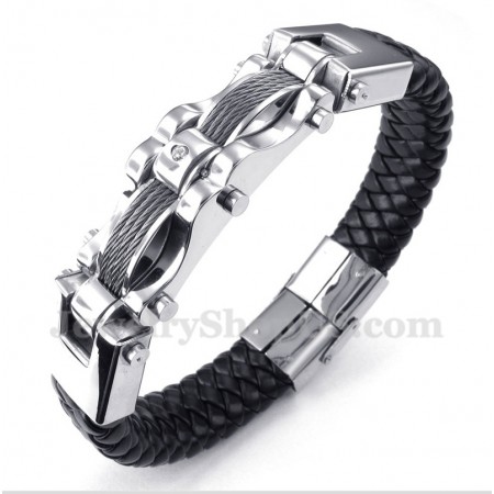 Men's Titanium Cable Diamond Leather Bracelet