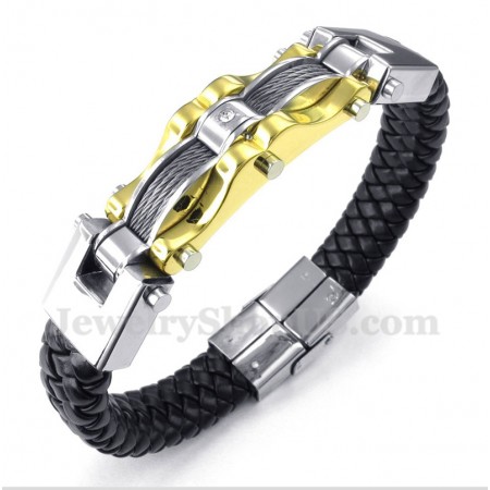 Men's Titanium Gold Cable Leather Bracelet