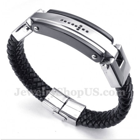 Men's Titanium Black Crystal Cross Leather Bracelet