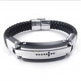 Men's Titanium Black Crystal Cross Leather Bracelet