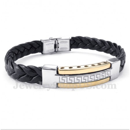 Men's Titanium Greek Meander Pattern Gold Leather Bracelet