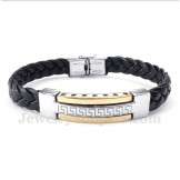 Men's Titanium Greek Meander Pattern Gold Leather Bracelet